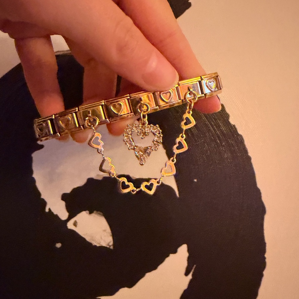 Gold tone Italian Charm Bracelet with Heart Chain & Crystal Heart Dangle